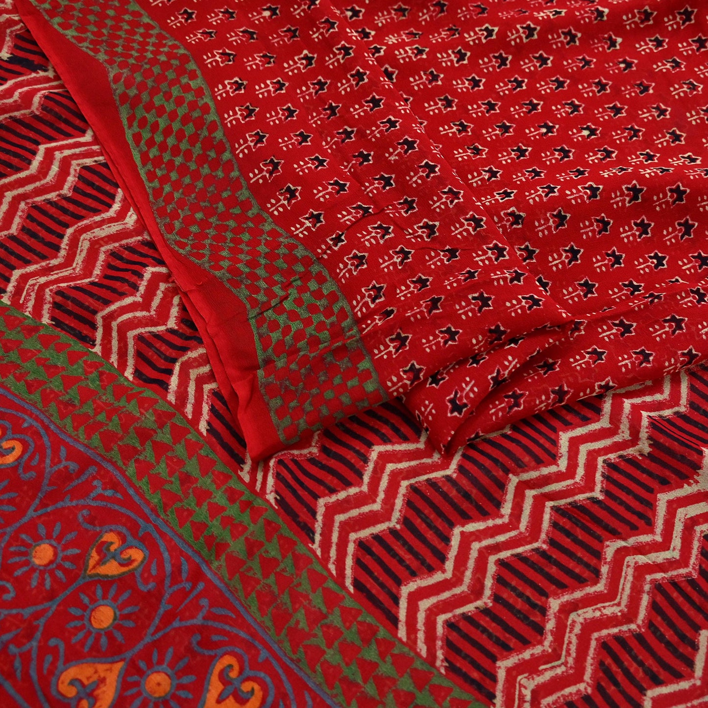 Indian Vintage Red Saree Blend Georgette Block Printed Sari Sewing 5yd Craft Fabric Dress Designing for Dress making