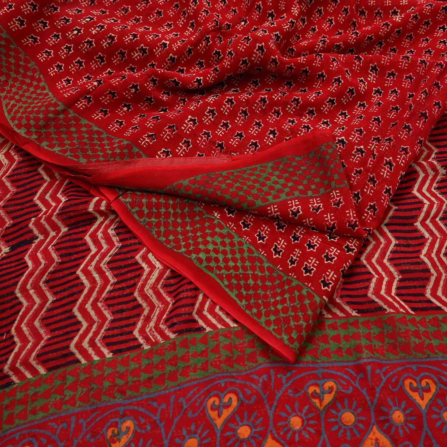 Indian Vintage Red Saree Blend Georgette Block Printed Sari Sewing 5yd Craft Fabric Dress Designing for Dress making