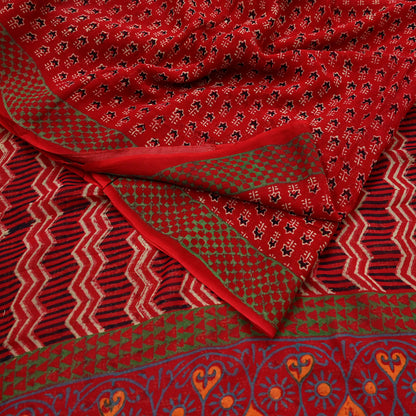Indian Vintage Red Saree Blend Georgette Block Printed Sari Sewing 5yd Craft Fabric Dress Designing for Dress making