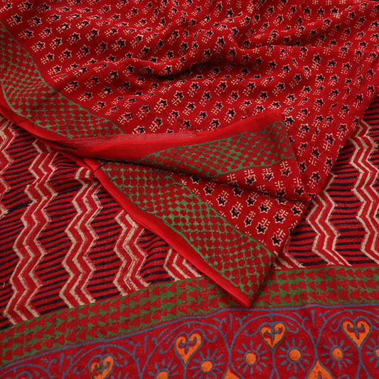 Indian Vintage Red Saree Blend Georgette Block Printed Sari Sewing 5yd Craft Fabric Dress Designing for Dress making