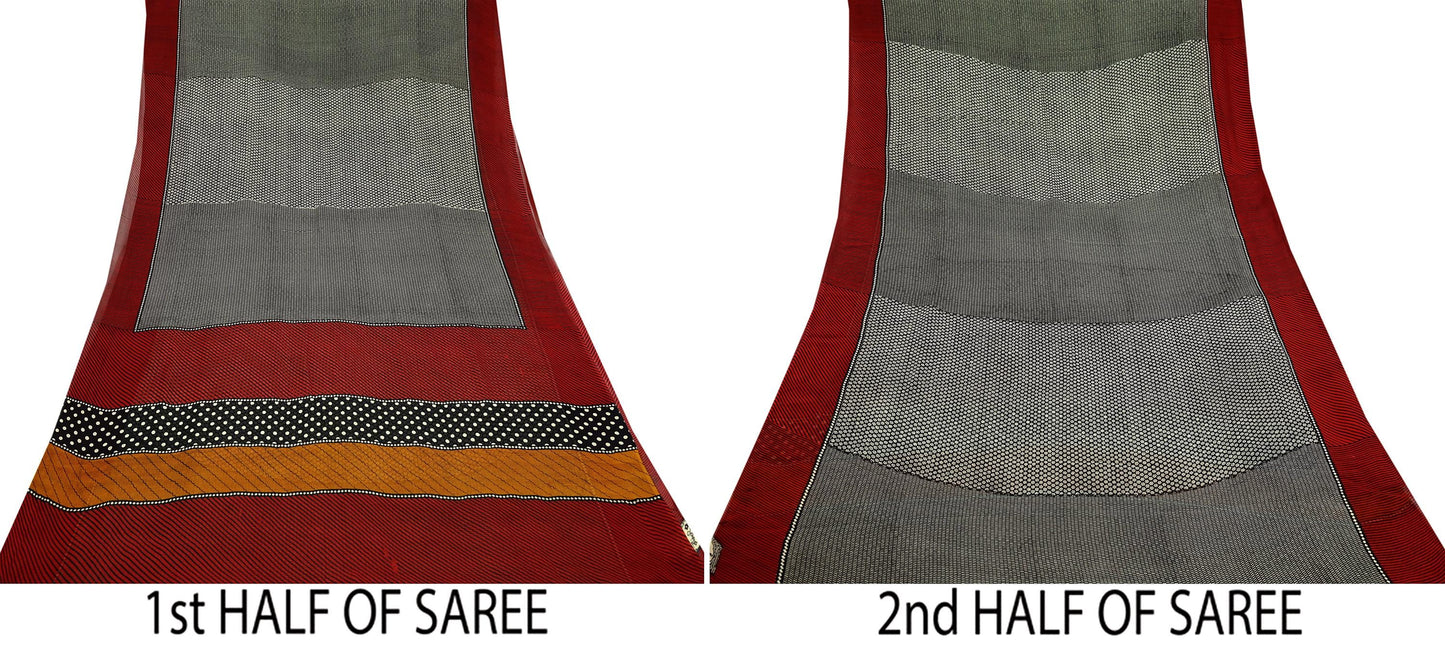 Indian Women Vintage Red & Black Saree 100% Pure Georgette Silk Printed Sari Sewing 5yd Soft Craft Fabric Stripes Dress Making Crafting