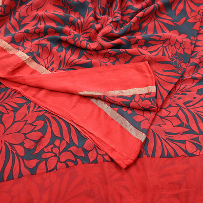Women Vintage Sari Red & Gray Pure Georgette Silk Printed Saree Craft Fabric Sewing 5Yd Soft Light Dress Making Floral Crafting Quilting
