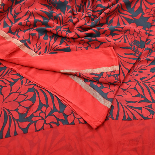 Women Vintage Sari Red & Gray Pure Georgette Silk Printed Saree Craft Fabric Sewing 5Yd Soft Light Dress Making Floral Crafting Quilting