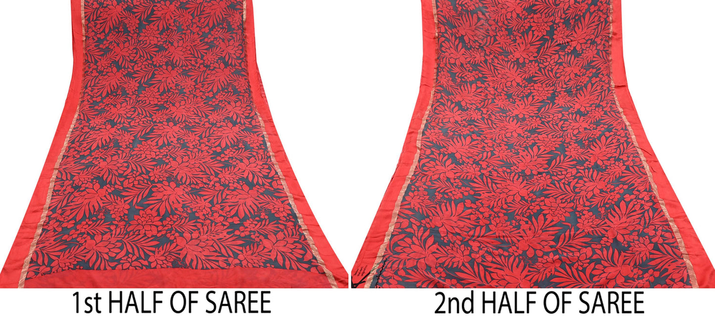 Women Vintage Sari Red & Gray Pure Georgette Silk Printed Saree Craft Fabric Sewing 5Yd Soft Light Dress Making Floral Crafting Quilting