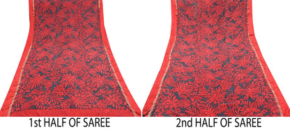 Women Vintage Sari Red & Gray Pure Georgette Silk Printed Saree Craft Fabric Sewing 5Yd Soft Light Dress Making Floral Crafting Quilting