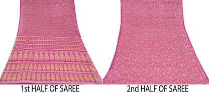 Indian Vintage Sari Rani Pink 100% Pure Silk Woven Printed Sarees Craft Fabric 5yd Sewing Dress Making Floral Upcycle Quilting Crafting Used