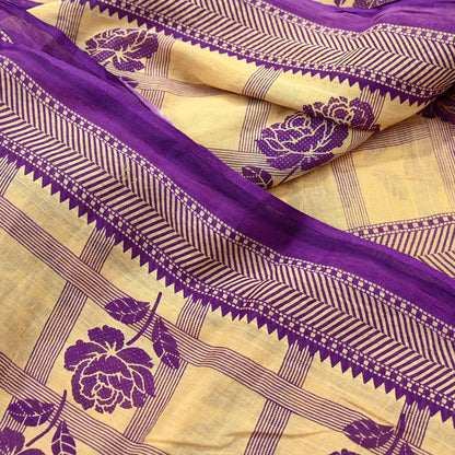 Indian Vintage Sari Beige & Purple Pure Cotton Printed Sarees Craft Fabric Soft 5Yd Sarong Wrap Boho Fabric Kimono Quilting Crafting Upcycle