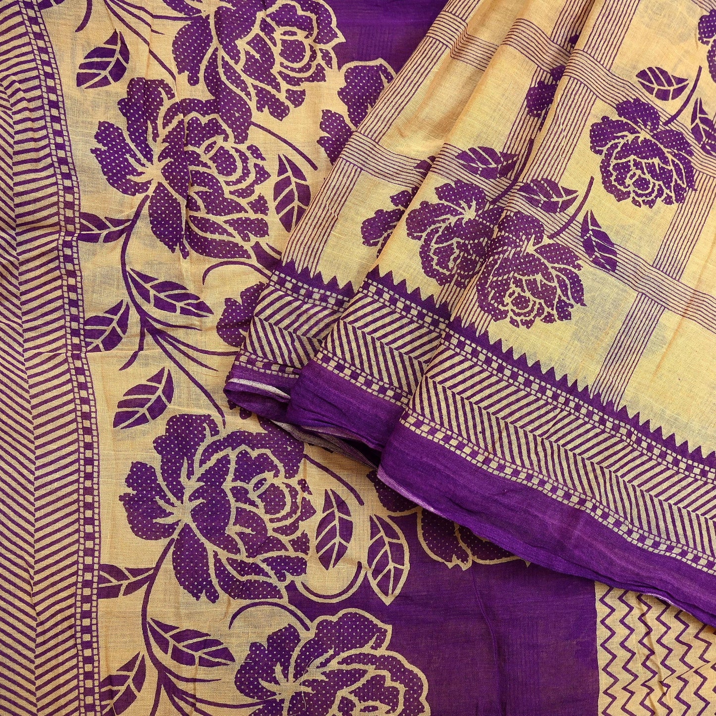 Indian Vintage Sari Beige & Purple Pure Cotton Printed Sarees Craft Fabric Soft 5Yd Sarong Wrap Boho Fabric Kimono Quilting Crafting Upcycle