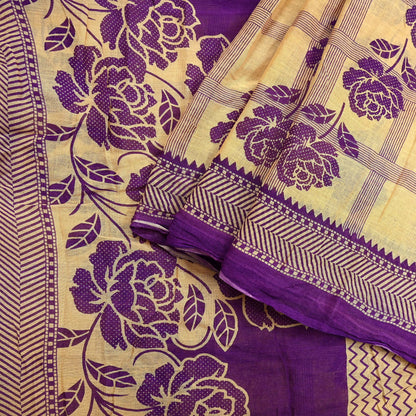 Indian Vintage Sari Beige & Purple Pure Cotton Printed Sarees Craft Fabric Soft 5Yd Sarong Wrap Boho Fabric Kimono Quilting Crafting Upcycle