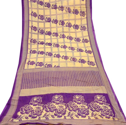 Indian Vintage Sari Beige & Purple Pure Cotton Printed Sarees Craft Fabric Soft 5Yd Sarong Wrap Boho Fabric Kimono Quilting Crafting Upcycle