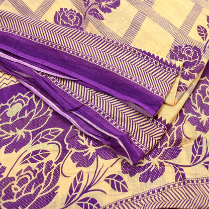 Indian Vintage Sari Beige & Purple Pure Cotton Printed Sarees Craft Fabric Soft 5Yd Sarong Wrap Boho Fabric Kimono Quilting Crafting Upcycle