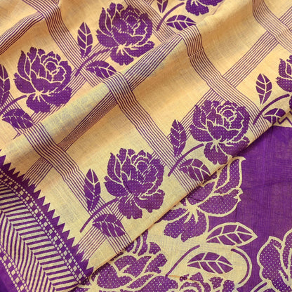 Indian Vintage Sari Beige & Purple Pure Cotton Printed Sarees Craft Fabric Soft 5Yd Sarong Wrap Boho Fabric Kimono Quilting Crafting Upcycle