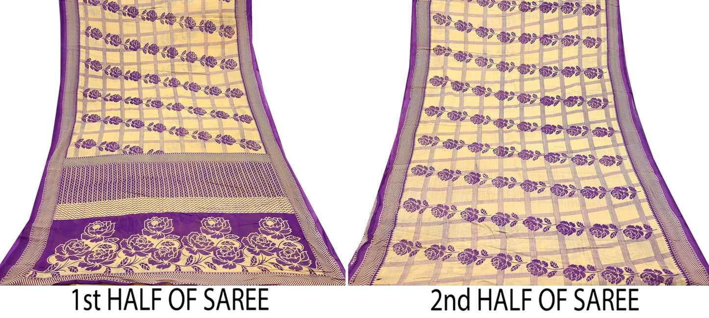 Indian Vintage Sari Beige & Purple Pure Cotton Printed Sarees Craft Fabric Soft 5Yd Sarong Wrap Boho Fabric Kimono Quilting Crafting Upcycle
