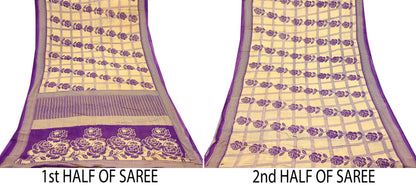 Indian Vintage Sari Beige & Purple Pure Cotton Printed Sarees Craft Fabric Soft 5Yd Sarong Wrap Boho Fabric Kimono Quilting Crafting Upcycle