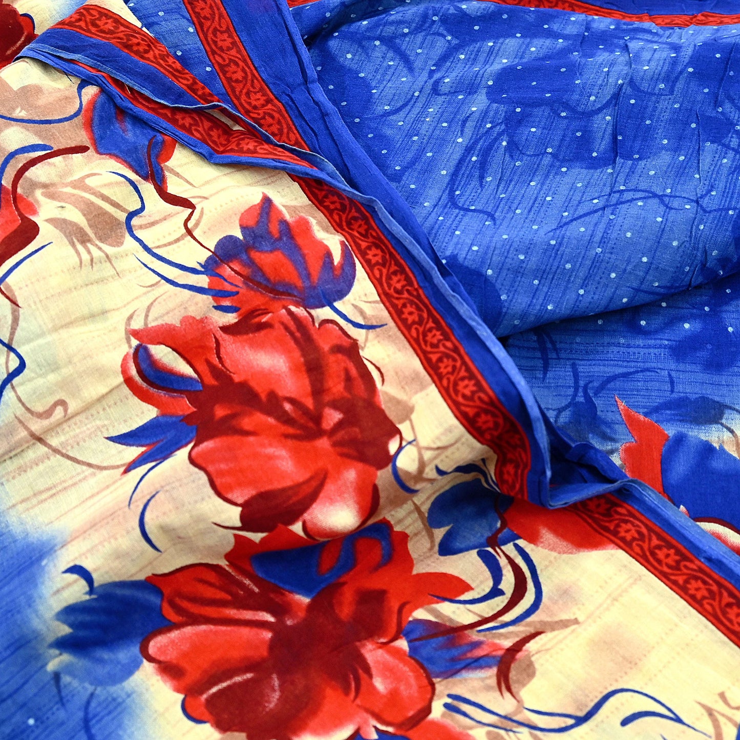 Indian Vintage Sari Blue & Beige Printed 100% Pure Cotton Sarees Craft Fabric 5Yd Sewing Soft Sarong Wrap Floral Dress Making Shrug Quilting