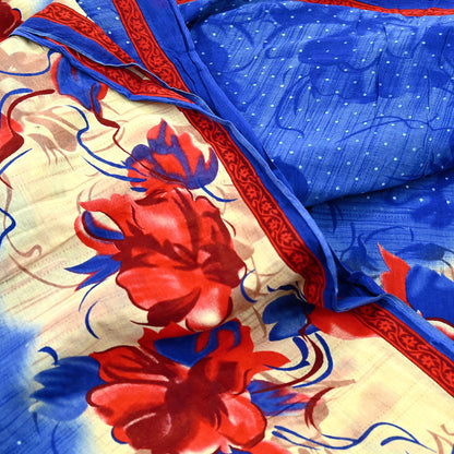 Indian Vintage Sari Blue & Beige Printed 100% Pure Cotton Sarees Craft Fabric 5Yd Sewing Soft Sarong Wrap Floral Dress Making Shrug Quilting