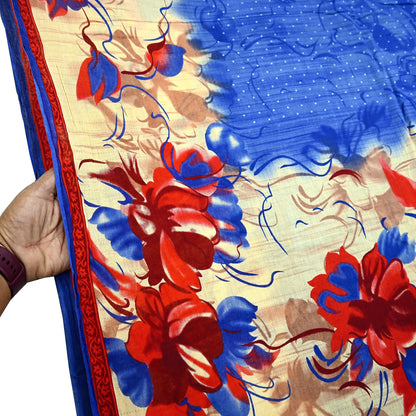 Indian Vintage Sari Blue & Beige Printed 100% Pure Cotton Sarees Craft Fabric 5Yd Sewing Soft Sarong Wrap Floral Dress Making Shrug Quilting