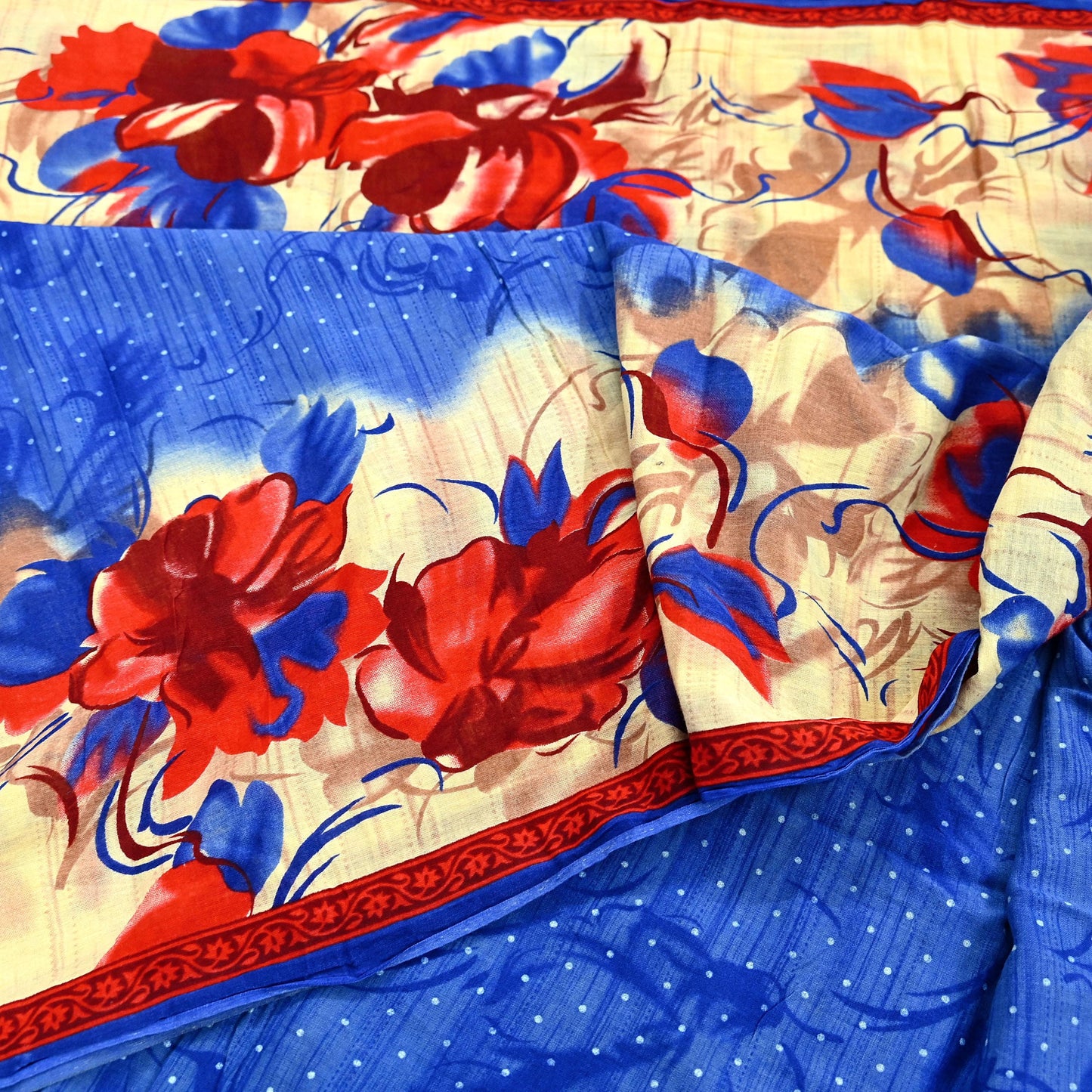Indian Vintage Sari Blue & Beige Printed 100% Pure Cotton Sarees Craft Fabric 5Yd Sewing Soft Sarong Wrap Floral Dress Making Shrug Quilting
