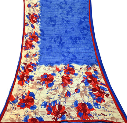 Indian Vintage Sari Blue & Beige Printed 100% Pure Cotton Sarees Craft Fabric 5Yd Sewing Soft Sarong Wrap Floral Dress Making Shrug Quilting