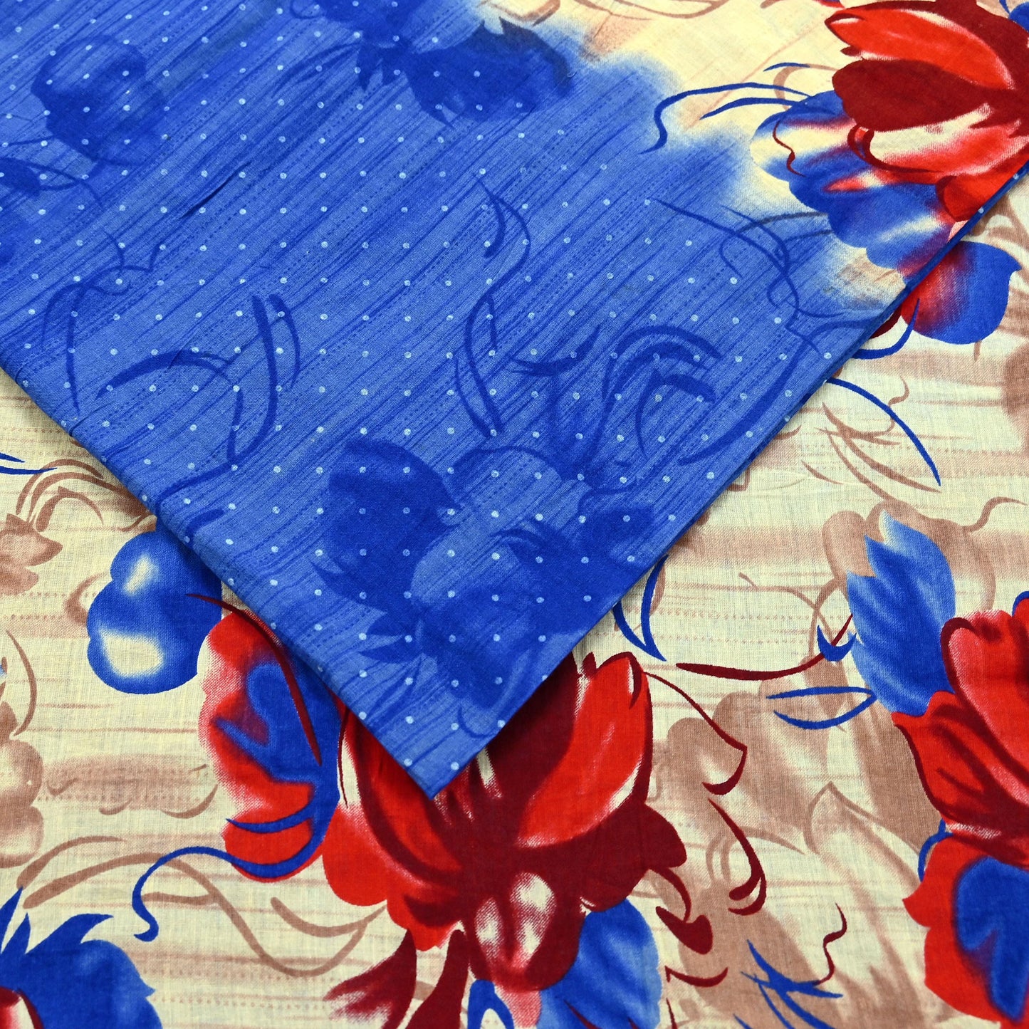 Indian Vintage Sari Blue & Beige Printed 100% Pure Cotton Sarees Craft Fabric 5Yd Sewing Soft Sarong Wrap Floral Dress Making Shrug Quilting