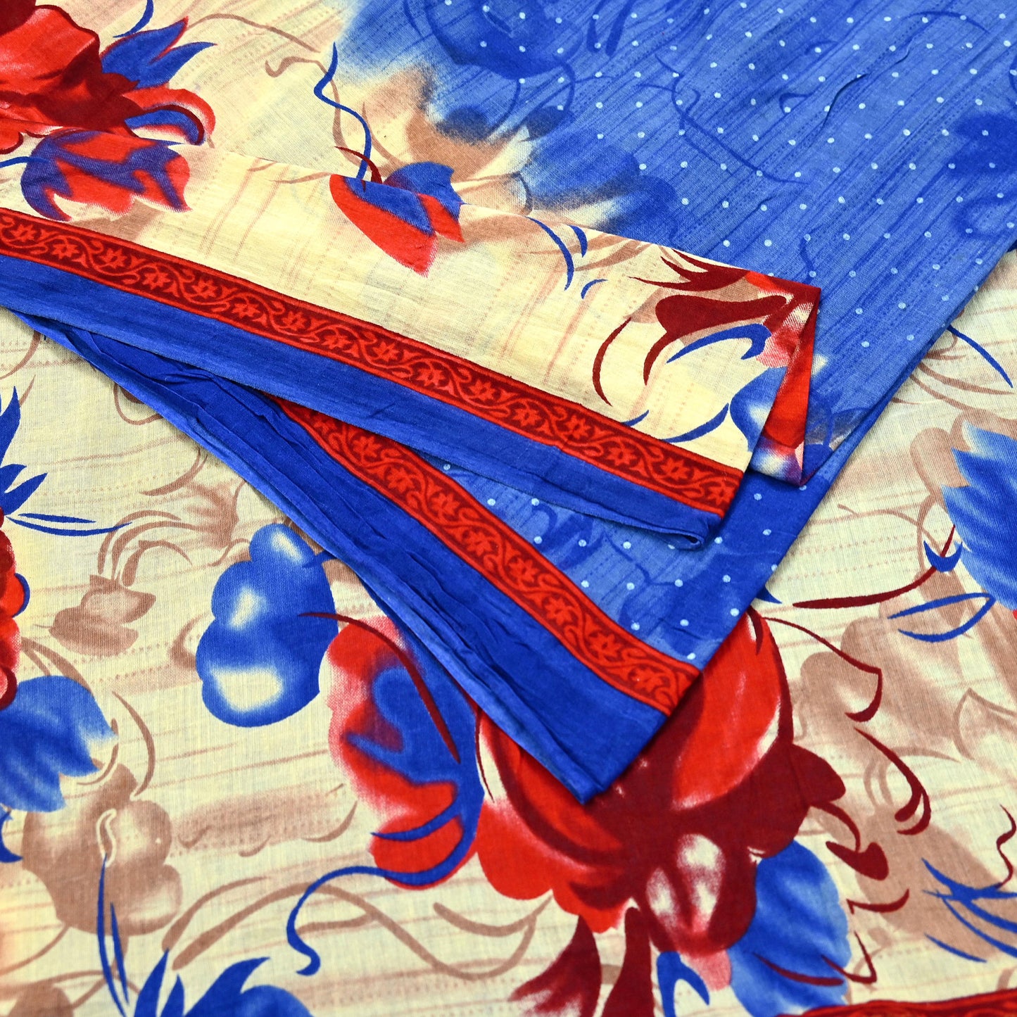 Indian Vintage Sari Blue & Beige Printed 100% Pure Cotton Sarees Craft Fabric 5Yd Sewing Soft Sarong Wrap Floral Dress Making Shrug Quilting