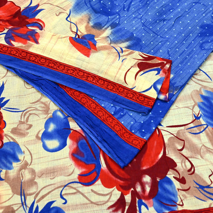 Indian Vintage Sari Blue & Beige Printed 100% Pure Cotton Sarees Craft Fabric 5Yd Sewing Soft Sarong Wrap Floral Dress Making Shrug Quilting