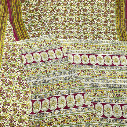 Indian Vintage Sari Ivory & Maroon Block Printed Pure Cotton Saree Fabric Soft Floral 5Yd Sarong Wrap Boho Fabric Kimono Soft