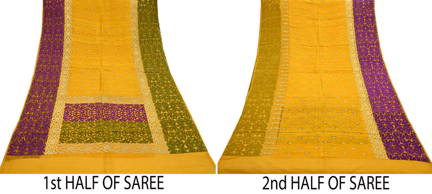 Indian Vintage Sari Saffron Hand Woven 100% Pure Organza Silk Saree Craft Fabric 5Yd Dress Making Crafting Quilting Upcycle