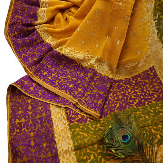 Indian Vintage Sari Saffron Hand Woven 100% Pure Organza Silk Saree Craft Fabric 5Yd Dress Making Crafting Quilting Upcycle