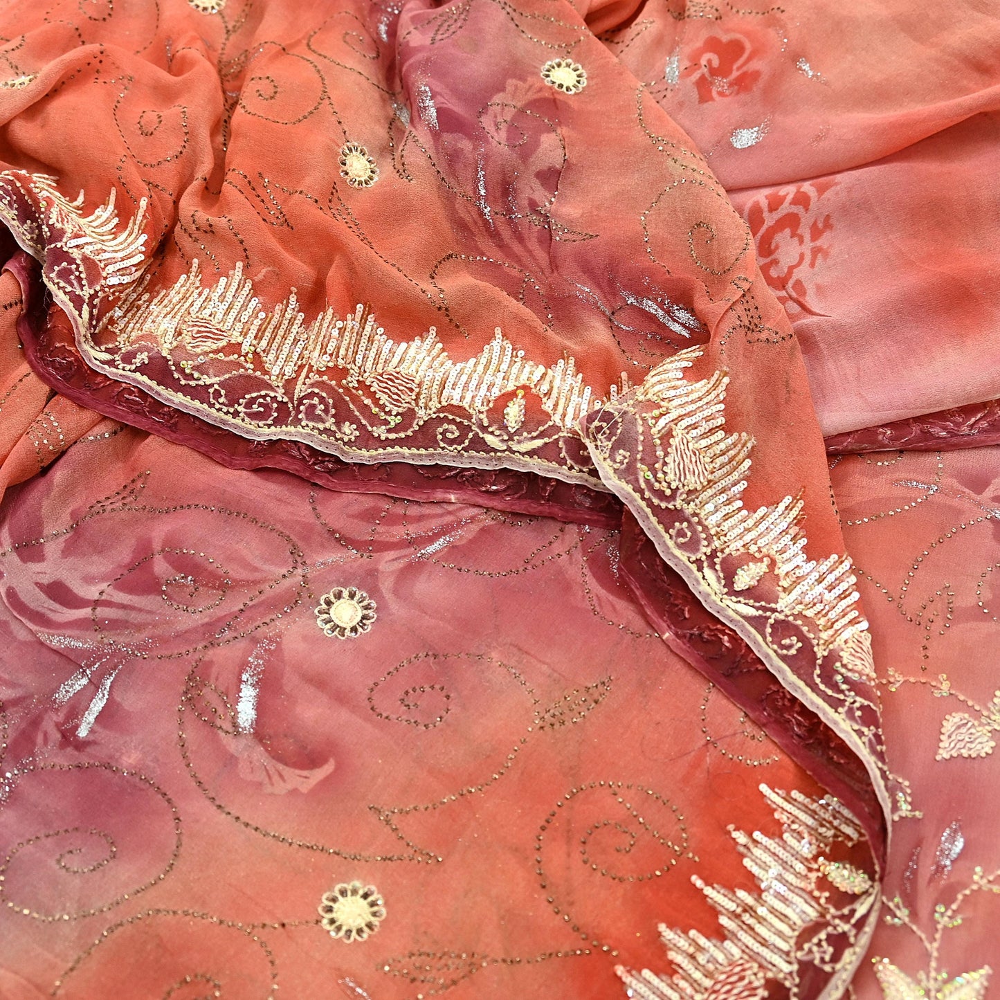 Indian Vintage Sari Peach Hand Embroidered Pure Georgette Silk Sarees Craft Fabric 5Yd Sequins Wedding Sarees Quilting Crafting Upcycle