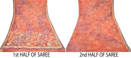 Indian Vintage Sari Peach Hand Embroidered Pure Georgette Silk Sarees Craft Fabric 5Yd Sequins Wedding Sarees Quilting Crafting Upcycle