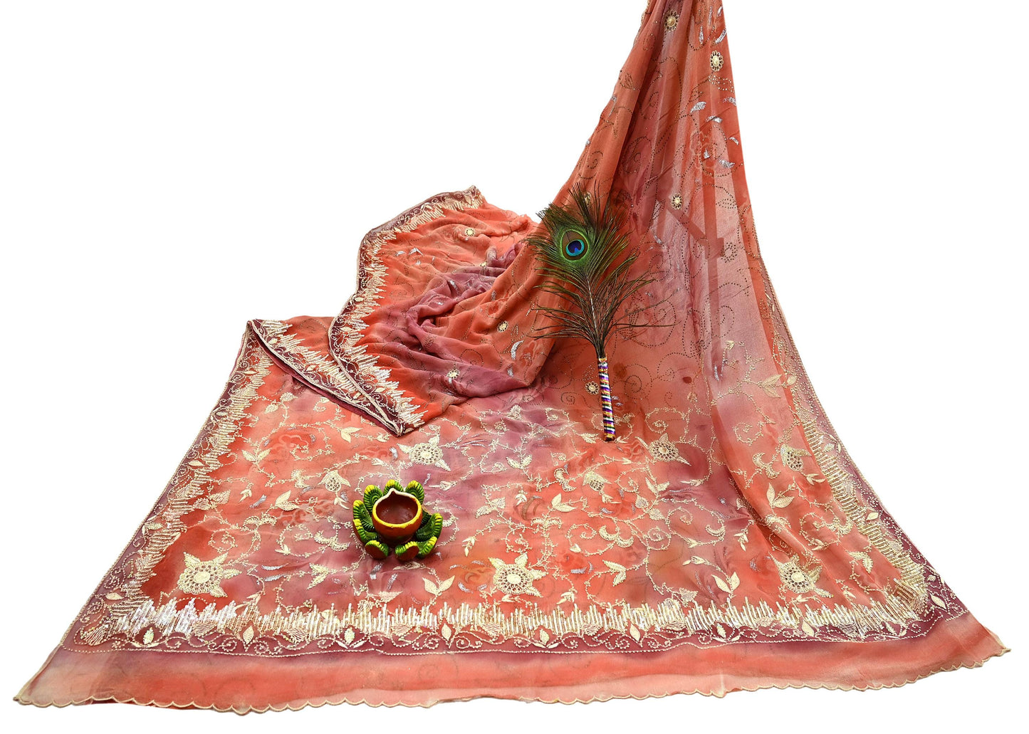 Indian Vintage Sari Peach Hand Embroidered Pure Georgette Silk Sarees Craft Fabric 5Yd Sequins Wedding Sarees Quilting Crafting Upcycle