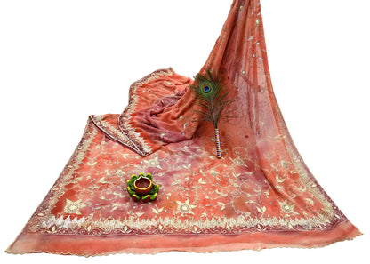 Indian Vintage Sari Peach Hand Embroidered Pure Georgette Silk Sarees Craft Fabric 5Yd Sequins Wedding Sarees Quilting Crafting Upcycle