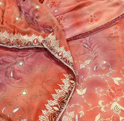 Indian Vintage Sari Peach Hand Embroidered Pure Georgette Silk Sarees Craft Fabric 5Yd Sequins Wedding Sarees Quilting Crafting Upcycle