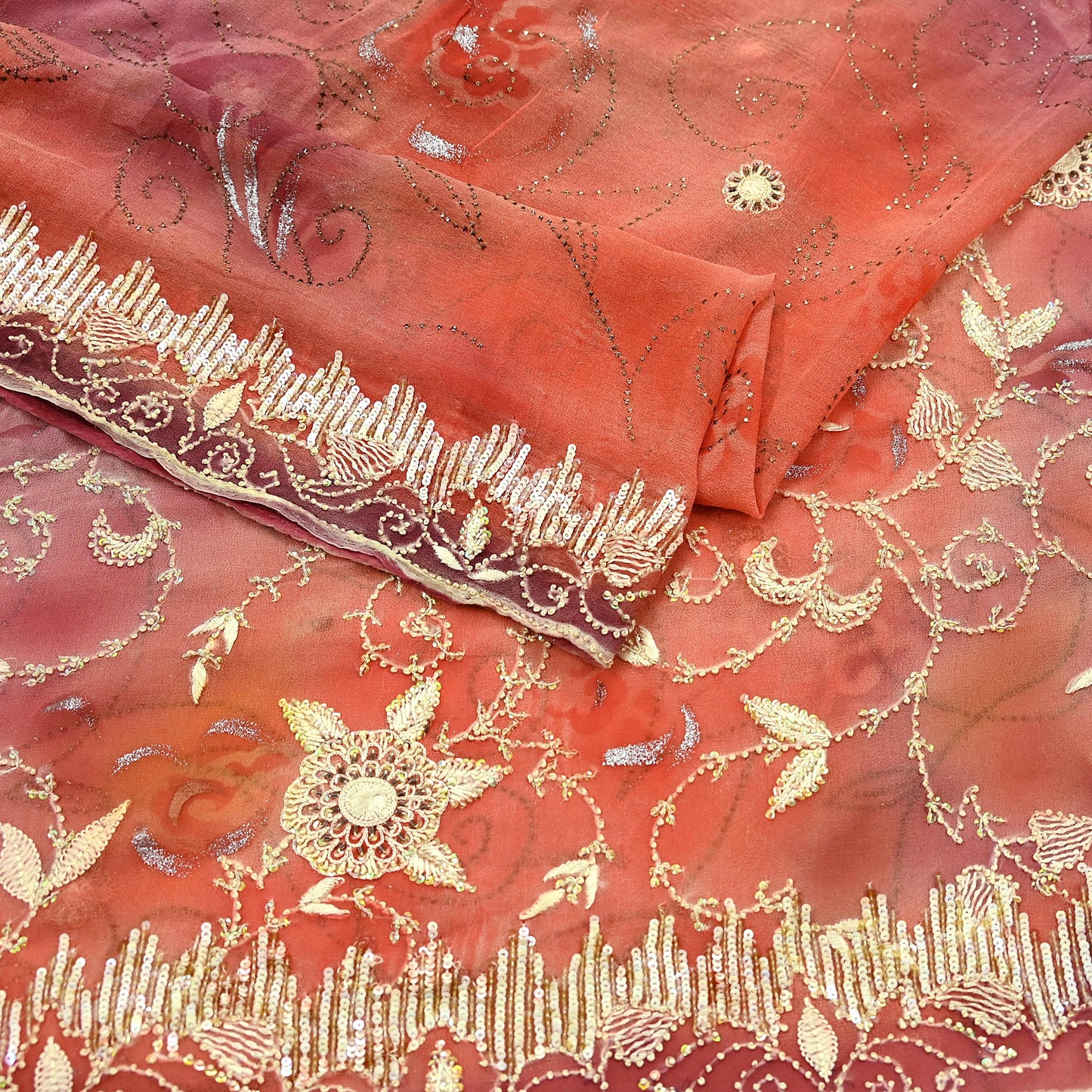Indian Vintage Sari Peach Hand Embroidered Pure Georgette Silk Sarees Craft Fabric 5Yd Sequins Wedding Sarees Quilting Crafting Upcycle