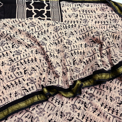 Indian Vintage Sari Peach & Black Pure Cotton Warli Print Saree 5Yd Craft Fabric Soft Sewing Sarong Wrap Boho Quilting Crafting Used Upcycle