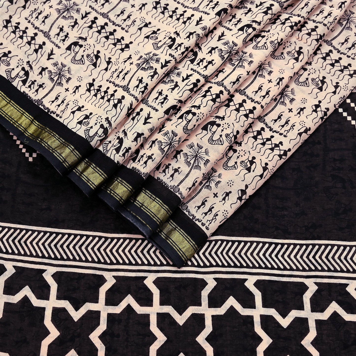 Indian Vintage Sari Peach & Black Pure Cotton Warli Print Saree 5Yd Craft Fabric Soft Sewing Sarong Wrap Boho Quilting Crafting Used Upcycle
