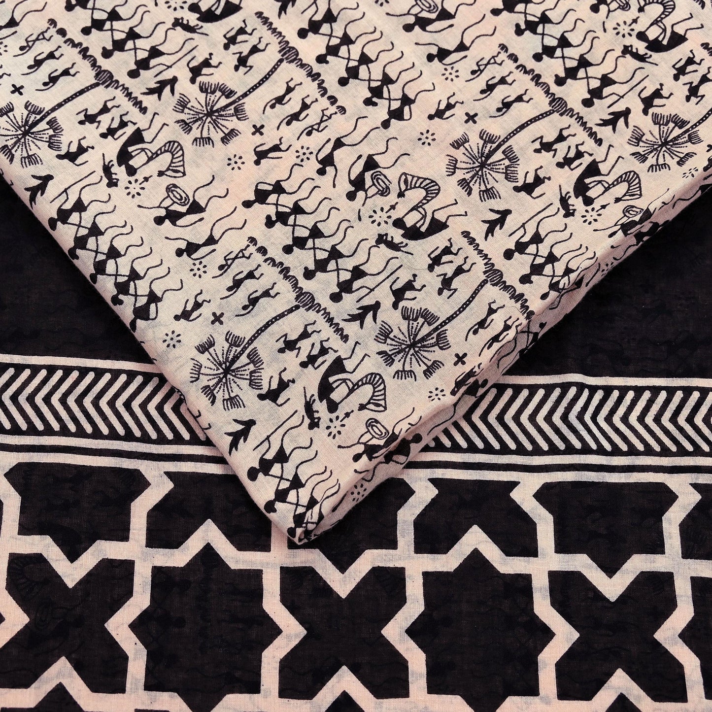 Indian Vintage Sari Peach & Black Pure Cotton Warli Print Saree 5Yd Craft Fabric Soft Sewing Sarong Wrap Boho Quilting Crafting Used Upcycle