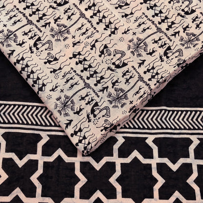 Indian Vintage Sari Peach & Black Pure Cotton Warli Print Saree 5Yd Craft Fabric Soft Sewing Sarong Wrap Boho Quilting Crafting Used Upcycle