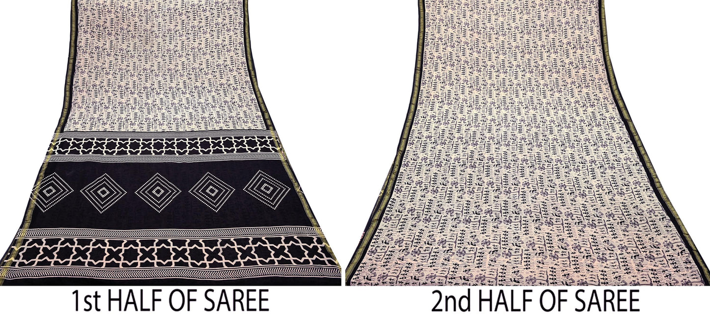 Indian Vintage Sari Peach & Black Pure Cotton Warli Print Saree 5Yd Craft Fabric Soft Sewing Sarong Wrap Boho Quilting Crafting Used Upcycle