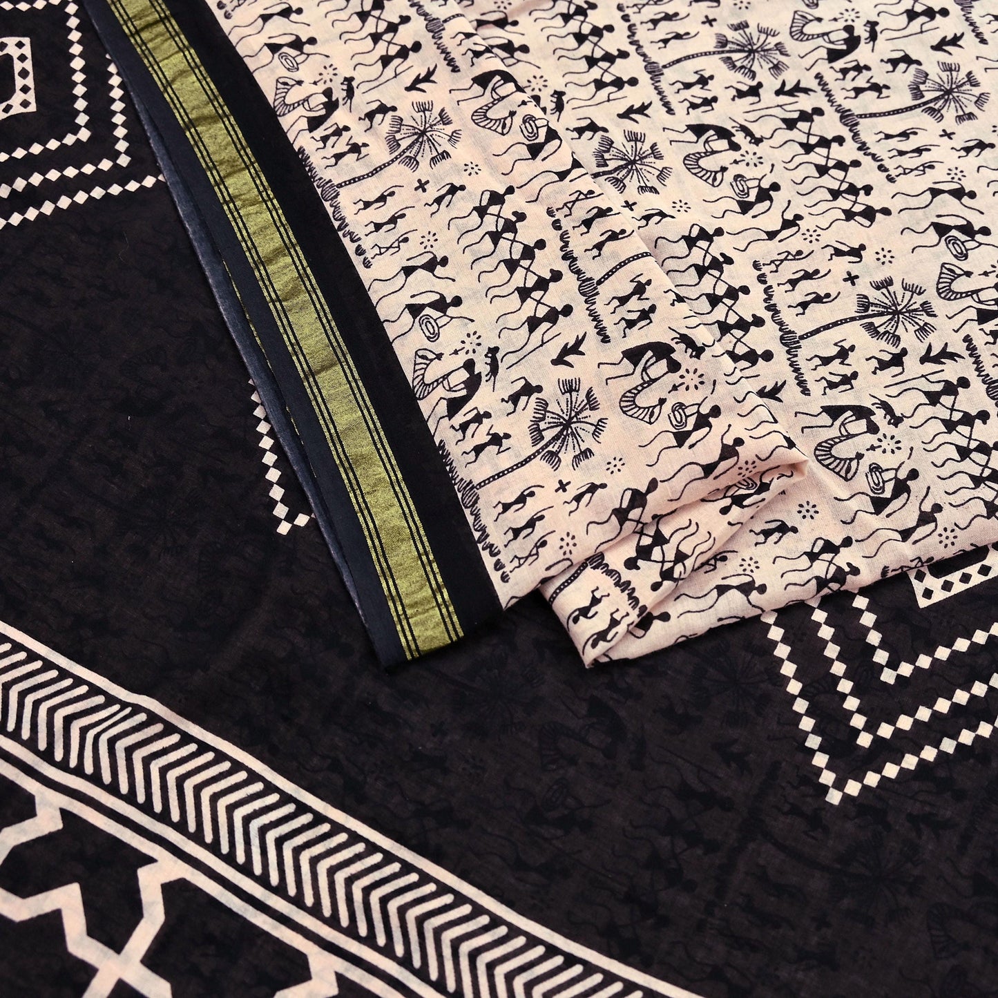 Indian Vintage Sari Peach & Black Pure Cotton Warli Print Saree 5Yd Craft Fabric Soft Sewing Sarong Wrap Boho Quilting Crafting Used Upcycle