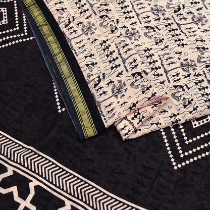 Indian Vintage Sari Peach & Black Pure Cotton Warli Print Saree 5Yd Craft Fabric Soft Sewing Sarong Wrap Boho Quilting Crafting Used Upcycle