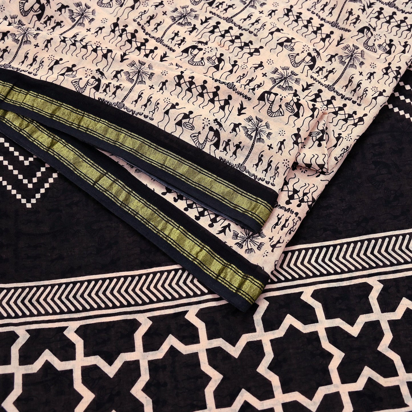 Indian Vintage Sari Peach & Black Pure Cotton Warli Print Saree 5Yd Craft Fabric Soft Sewing Sarong Wrap Boho Quilting Crafting Used Upcycle