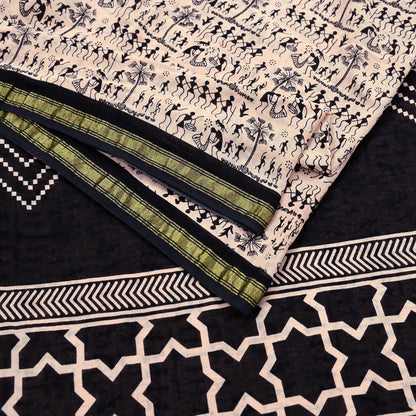 Indian Vintage Sari Peach & Black Pure Cotton Warli Print Saree 5Yd Craft Fabric Soft Sewing Sarong Wrap Boho Quilting Crafting Used Upcycle