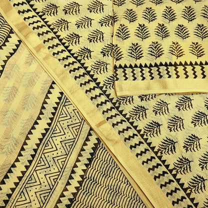 Indian Vintage Sari Beige Pure chanderi Silk Block Printed Sarees 5Yd Craft Zigzag Zari Border Ethnic Dress Making Crafting Quilting