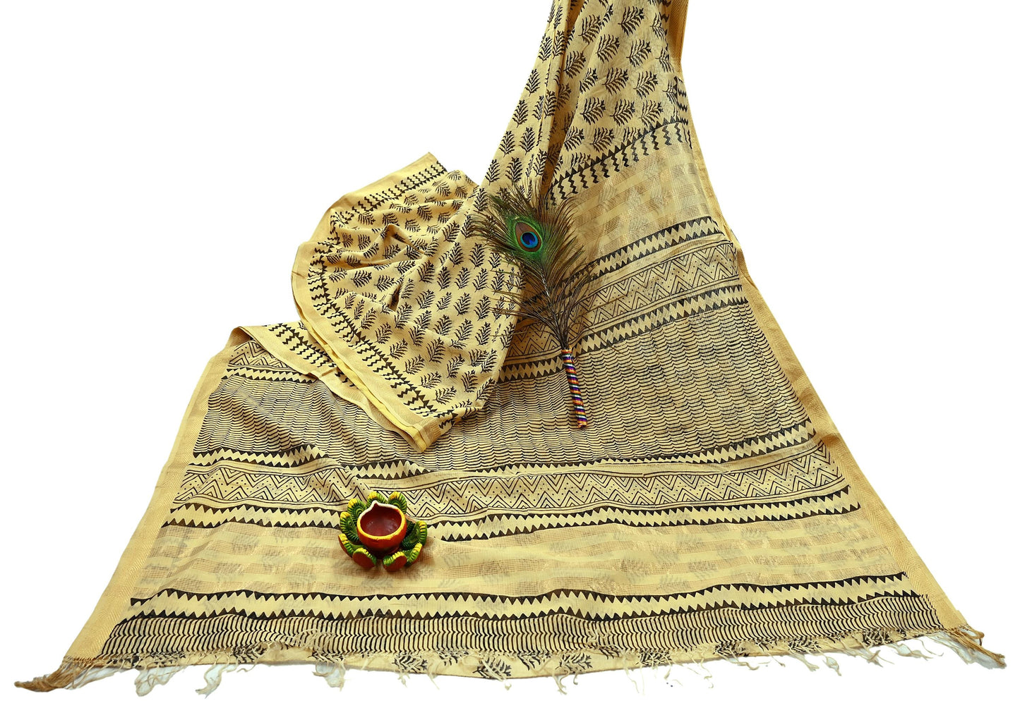 Indian Vintage Sari Beige Pure chanderi Silk Block Printed Sarees 5Yd Craft Zigzag Zari Border Ethnic Dress Making Crafting Quilting
