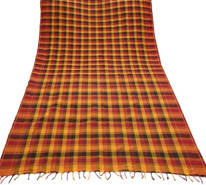 Indian Vintage Sari Woven 100% Pure Cotton Sarees Craft Fabric 5Yd Check Design Upcycle Quilting Crafting Dress making Upcycle Boho Wrap