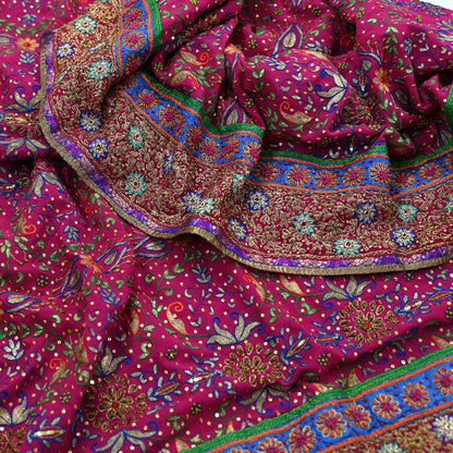 Indian Vintage Heavy Rani Pink Dupatta Pure Georgette Silk Long Stole Hand Embroidered Designer By Ritu Kumar Scarves Scarf Zari Zardozi