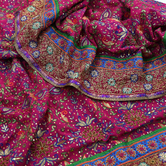 Indian Vintage Heavy Rani Pink Dupatta Pure Georgette Silk Long Stole Hand Embroidered Designer By Ritu Kumar Scarves Scarf Zari Zardozi