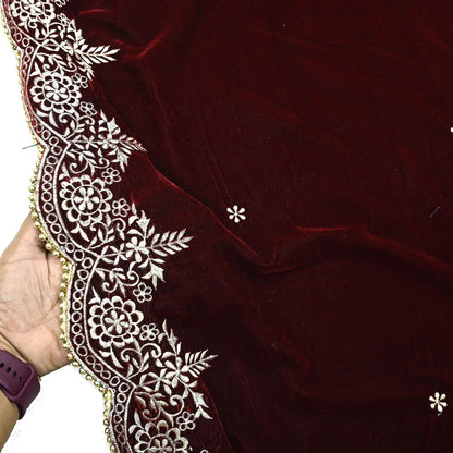 Indian Vintage Heavy Wedding Maroon Dupatta Velvet Long Stole Hand Embroidered Scarves Zari Hijab Veil Wrap Bridal Dupatta